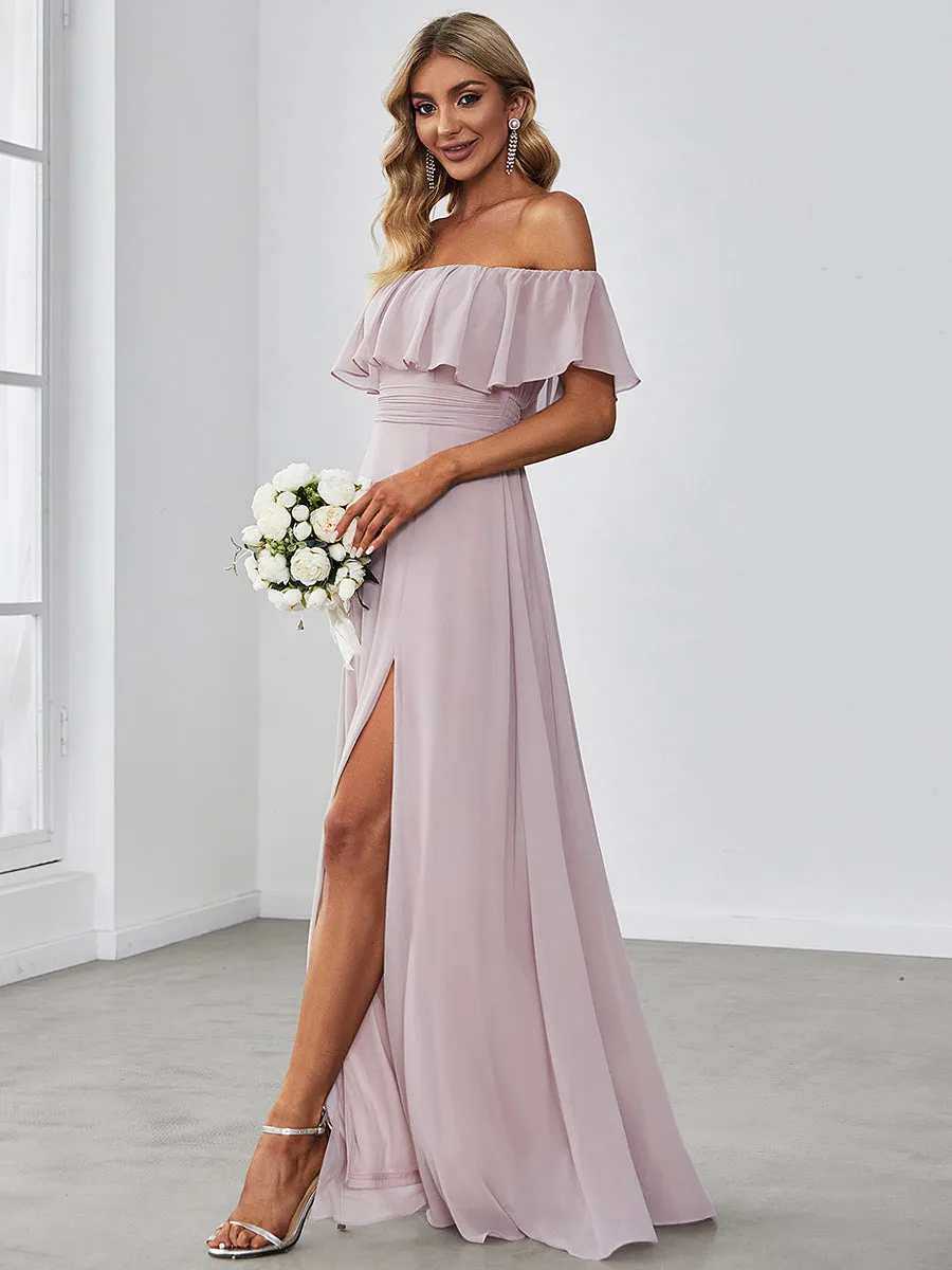 JUNE RUFFLED OFF-SHOULDER SPLIT GOWN