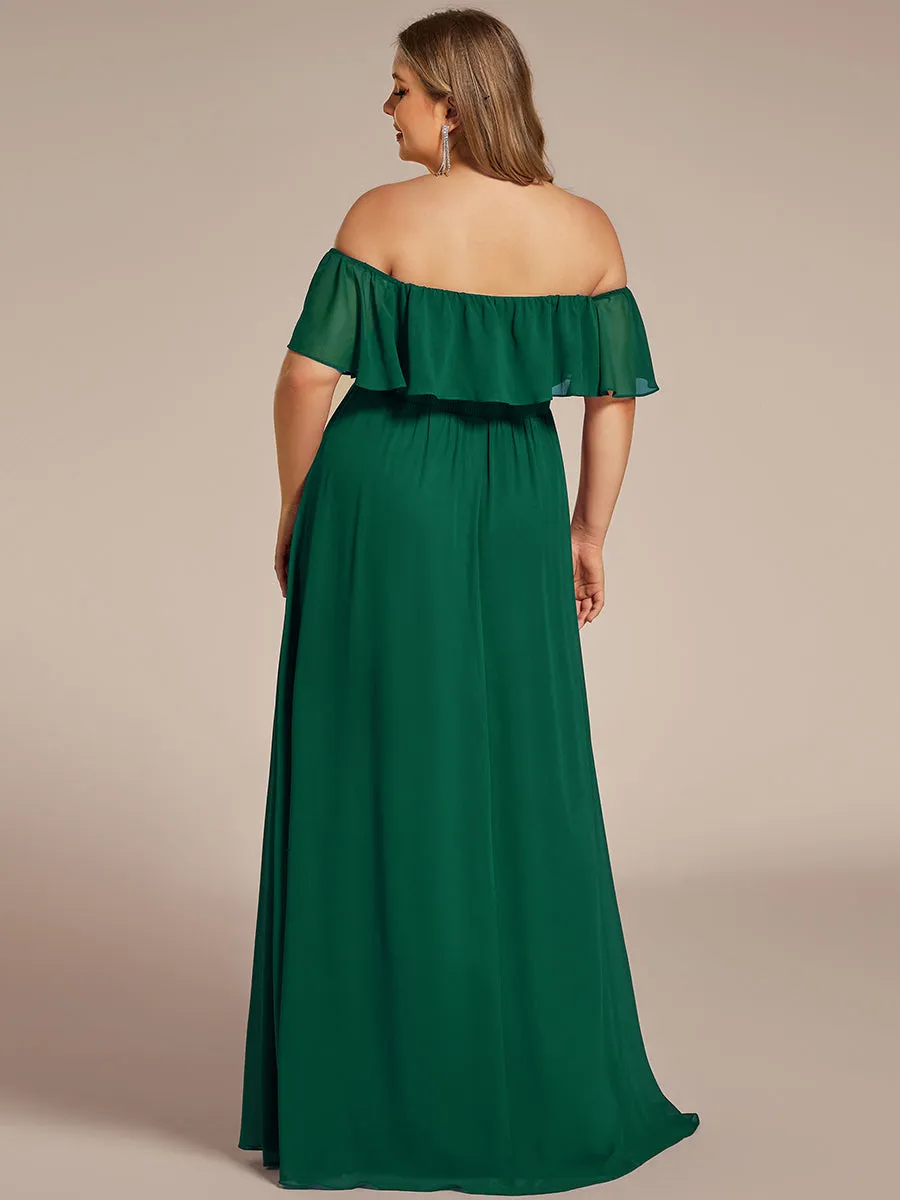 JUNE RUFFLED OFF-SHOULDER SPLIT GOWN