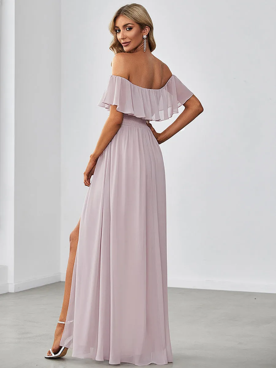 JUNE RUFFLED OFF-SHOULDER SPLIT GOWN