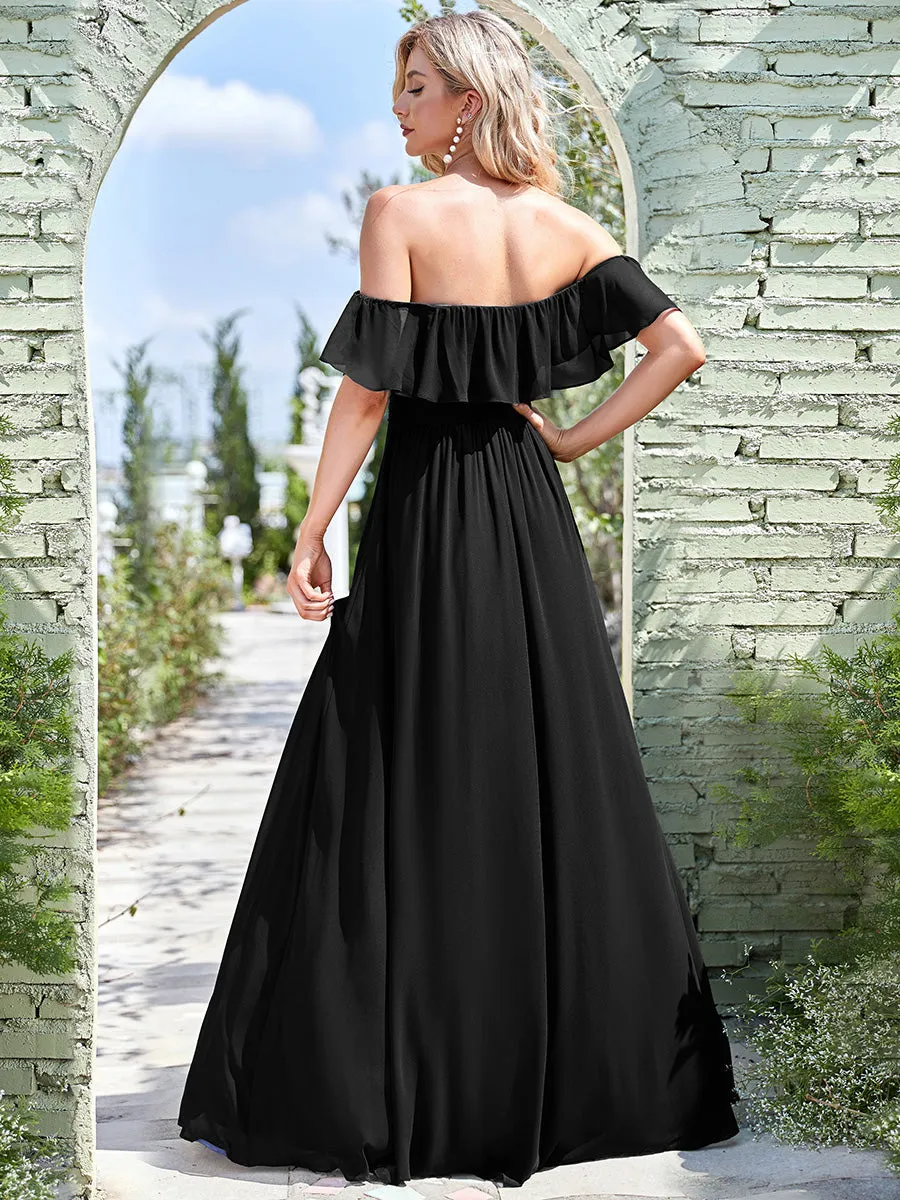 JUNE RUFFLED OFF-SHOULDER SPLIT GOWN