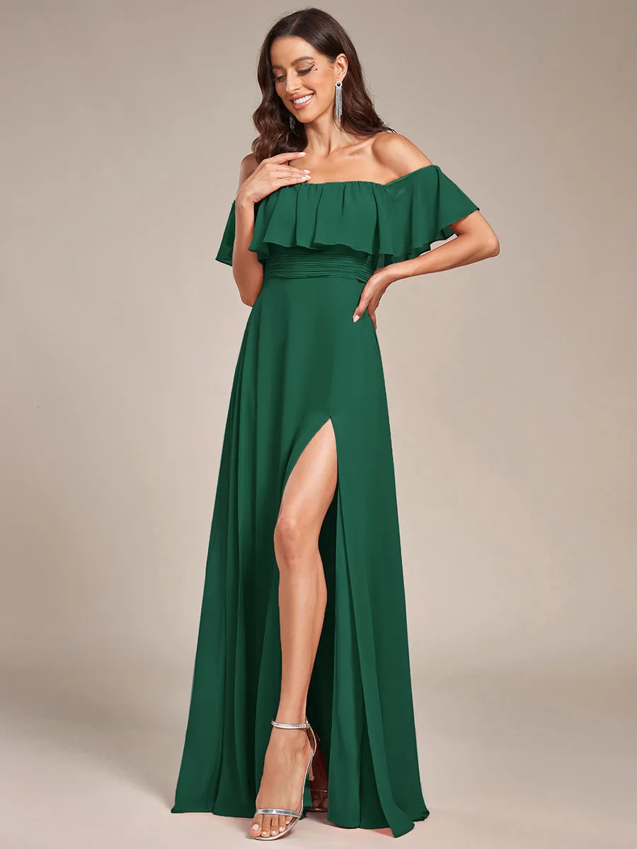 JUNE RUFFLED OFF-SHOULDER SPLIT GOWN