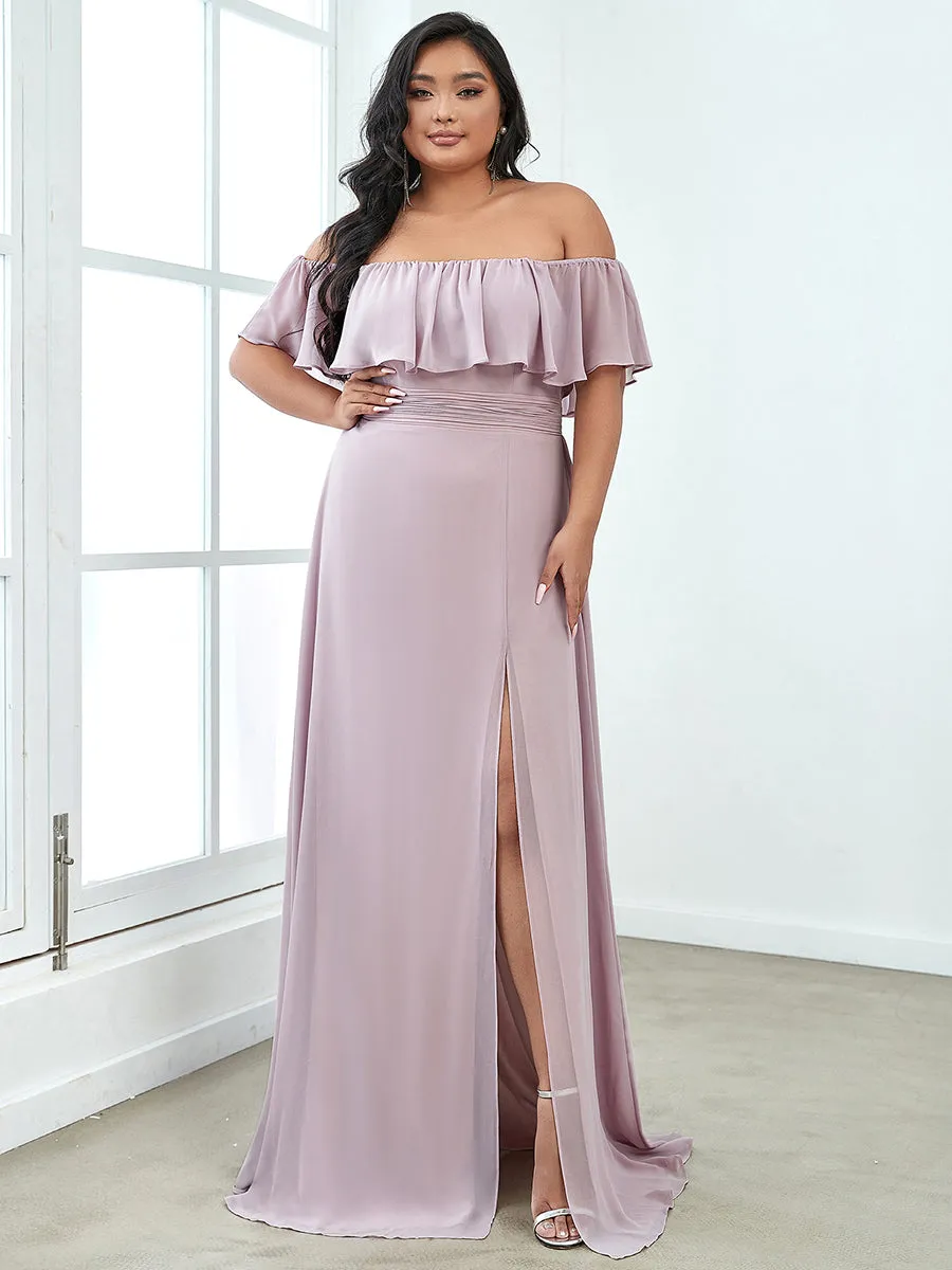 JUNE RUFFLED OFF-SHOULDER SPLIT GOWN