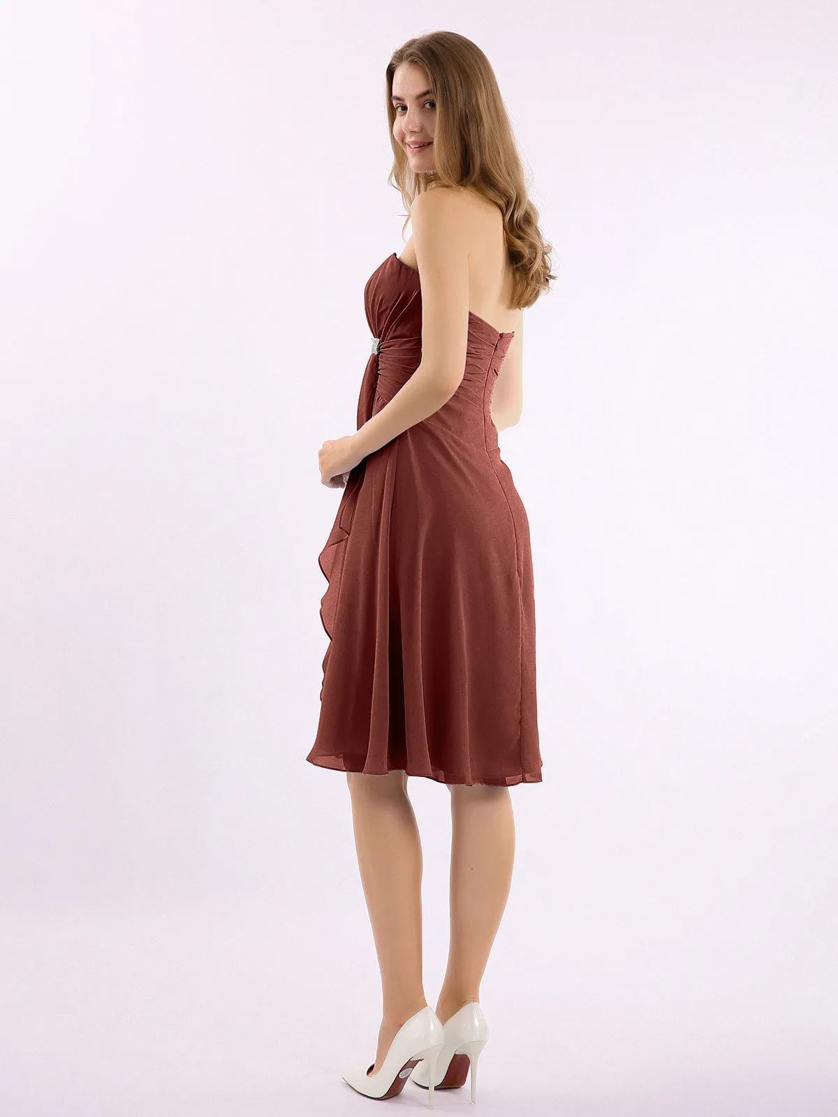 Knee Length Chiffon Dress with Sweetheart Neck-Terracotta Plus Size