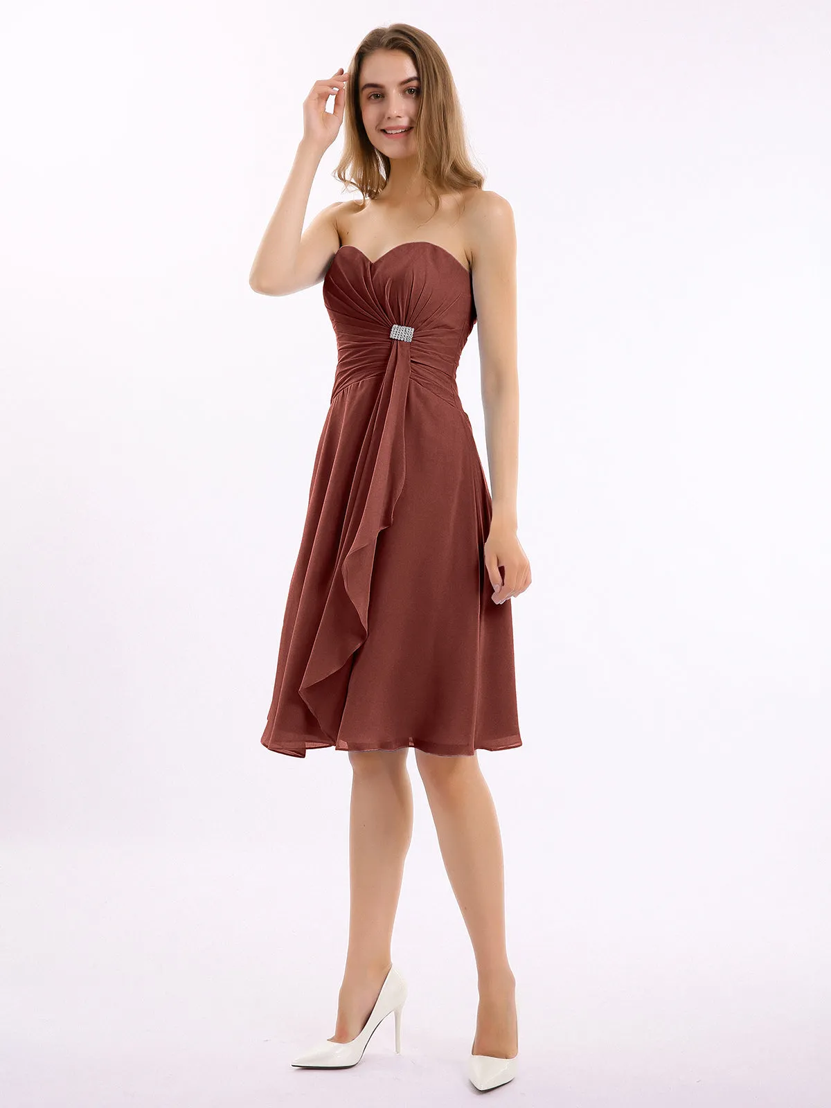 Knee Length Chiffon Dress with Sweetheart Neck-Terracotta Plus Size