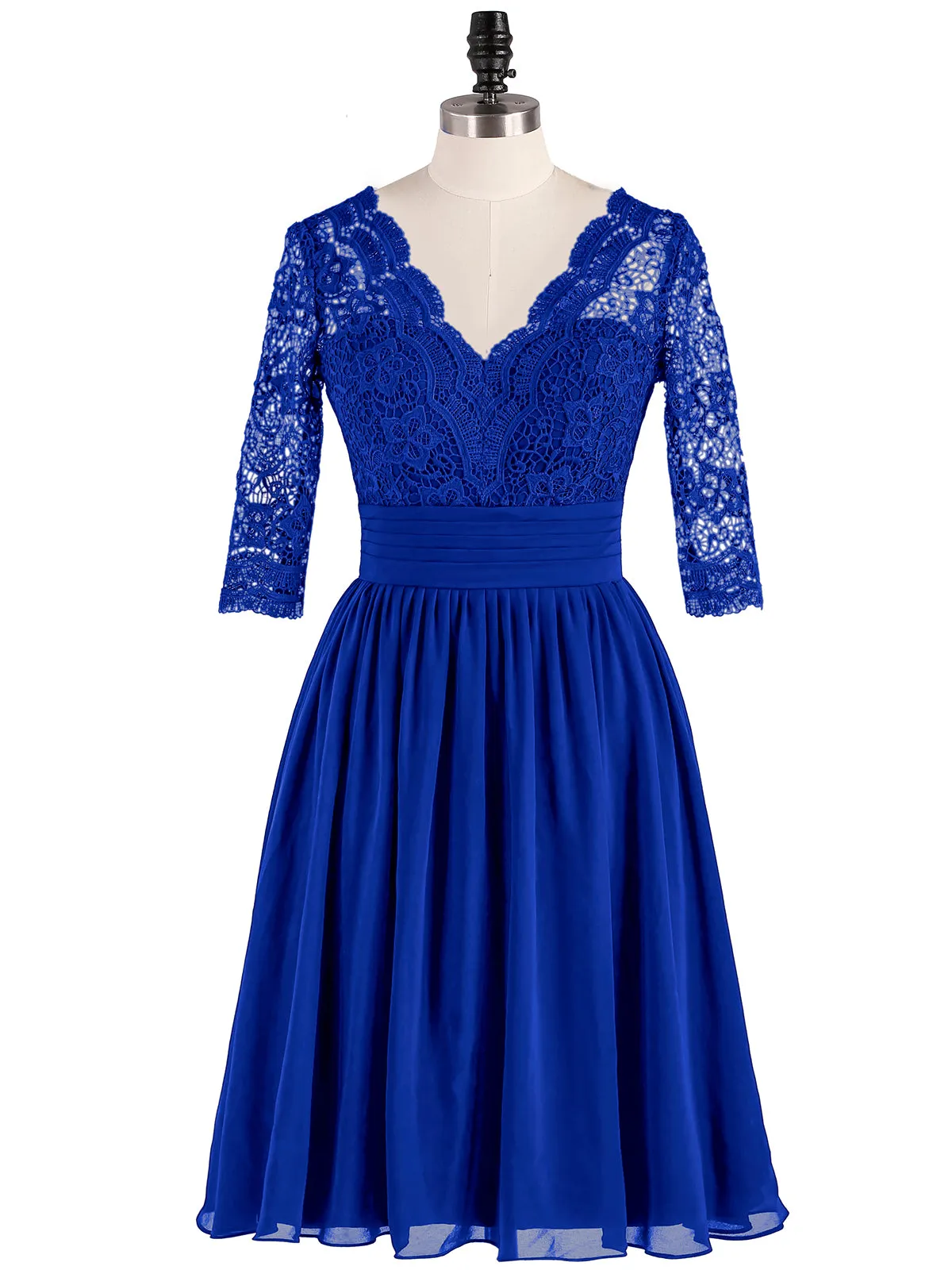 Lace and Chiffon Short Dress with Half Sleeves Royal Blue