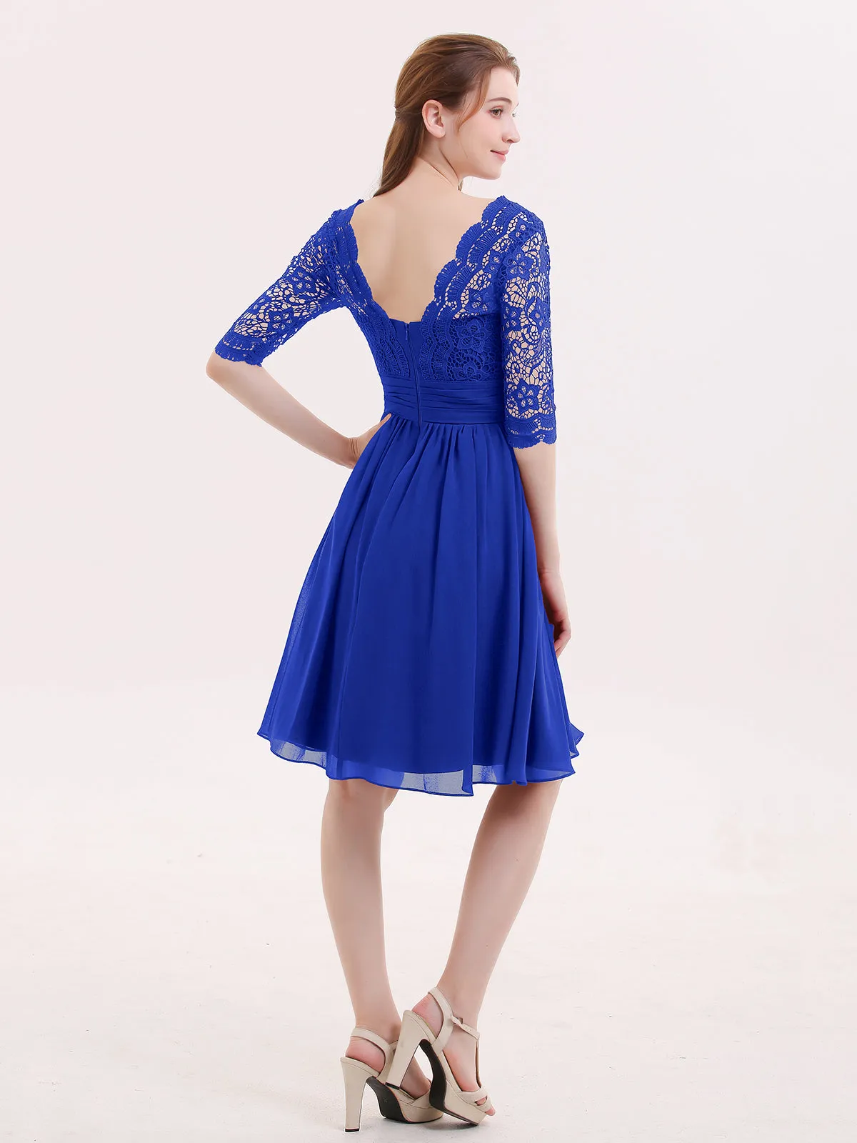 Lace and Chiffon Short Dress with Half Sleeves Royal Blue