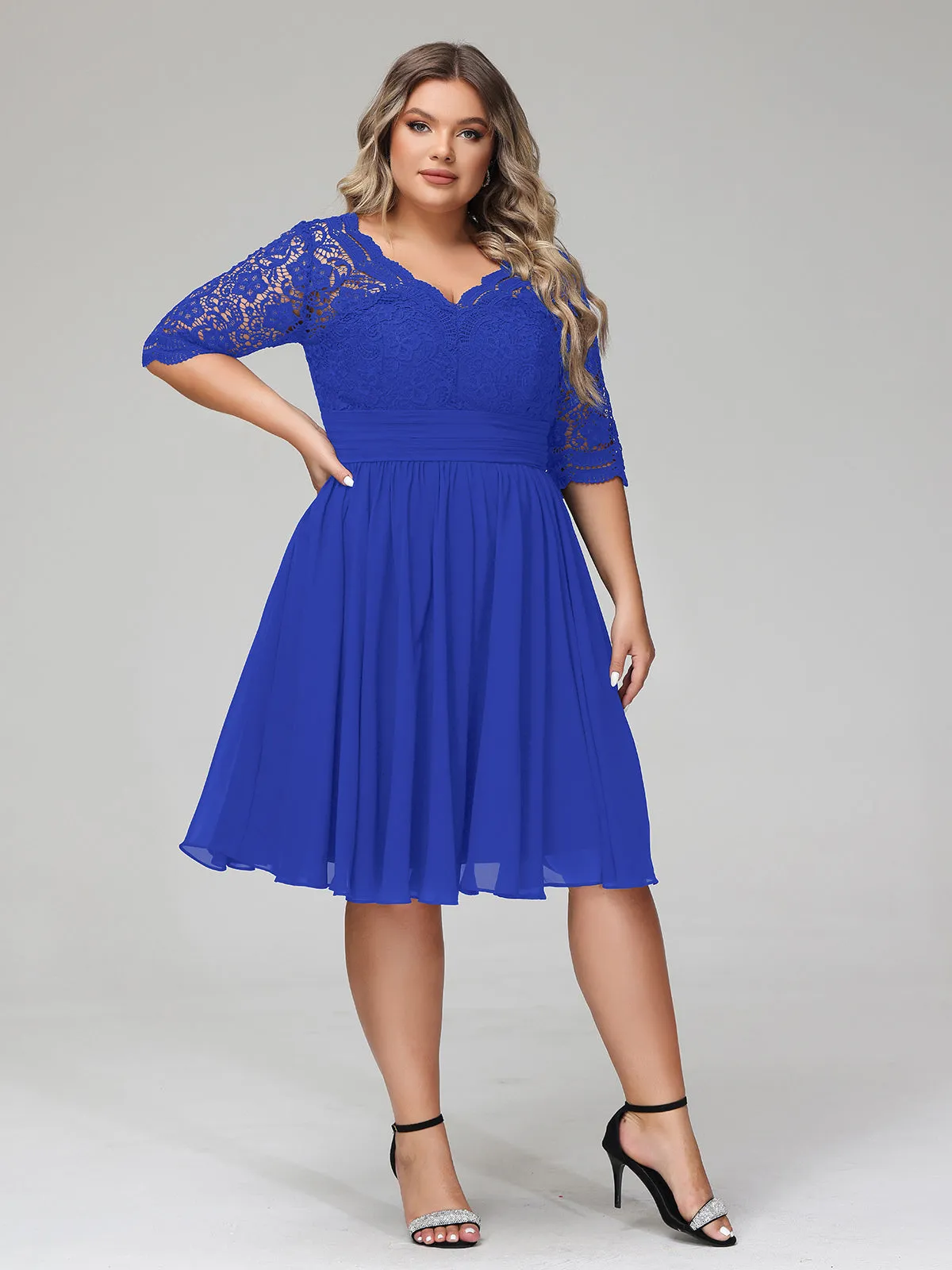 Lace and Chiffon Short Dress with Half Sleeves Royal Blue