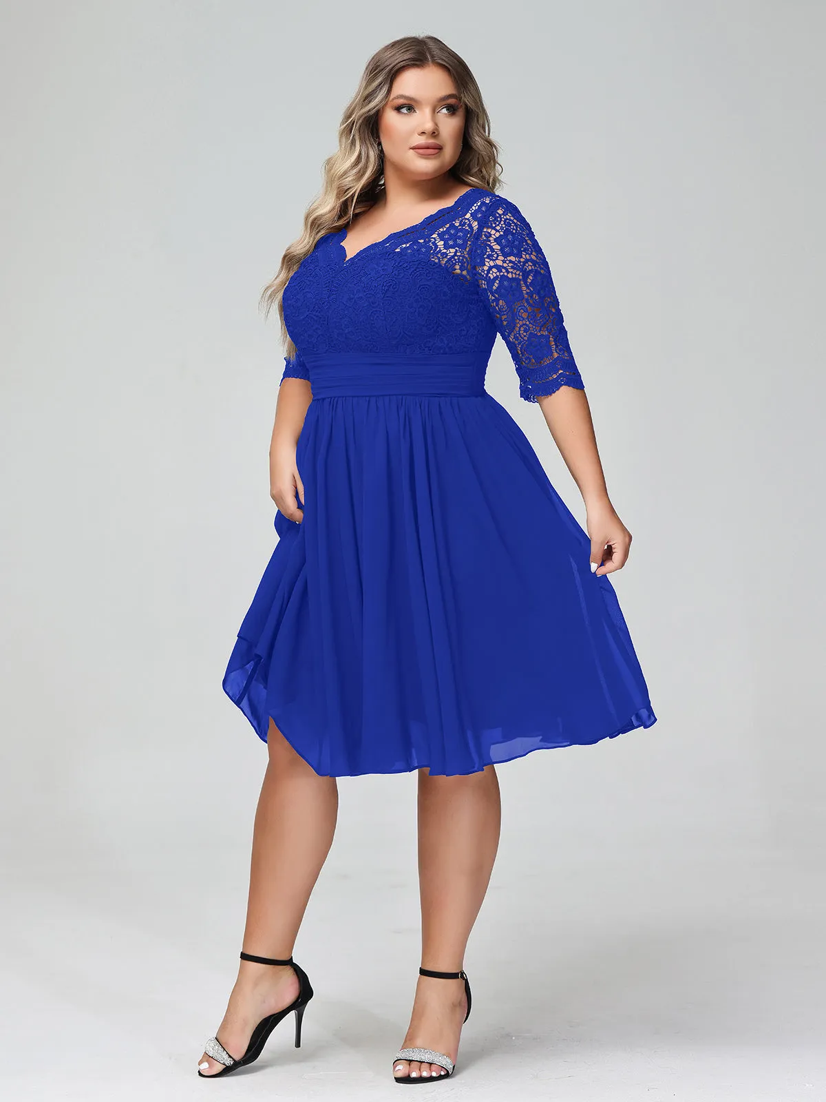 Lace and Chiffon Short Dress with Half Sleeves Royal Blue