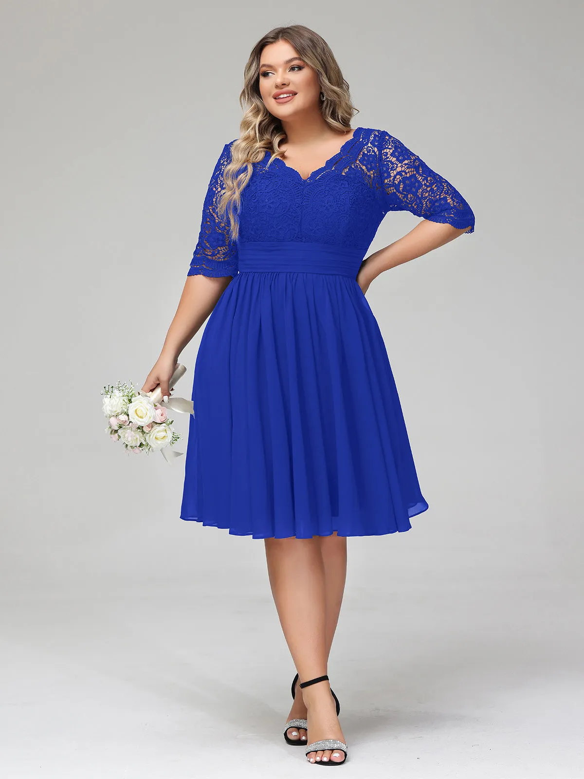 Lace and Chiffon Short Dress with Half Sleeves Royal Blue