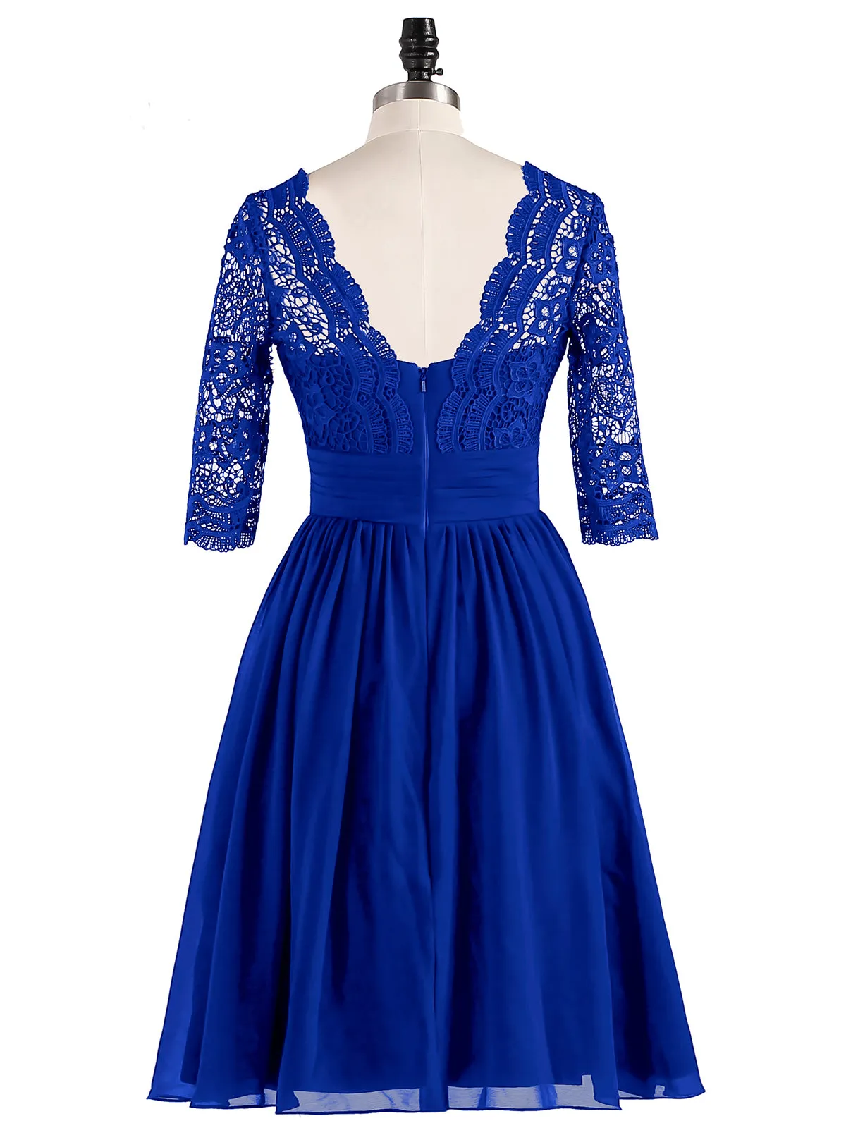 Lace and Chiffon Short Dress with Half Sleeves Royal Blue