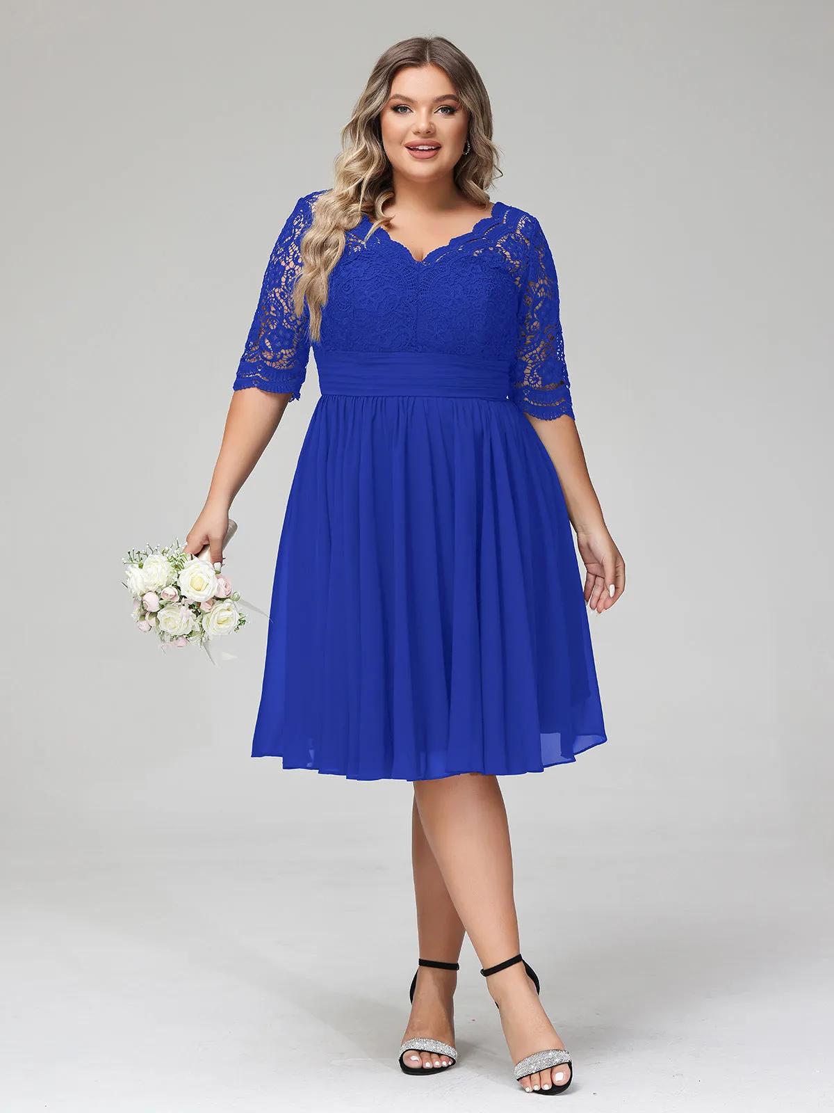 Lace and Chiffon Short Dress with Half Sleeves Royal Blue