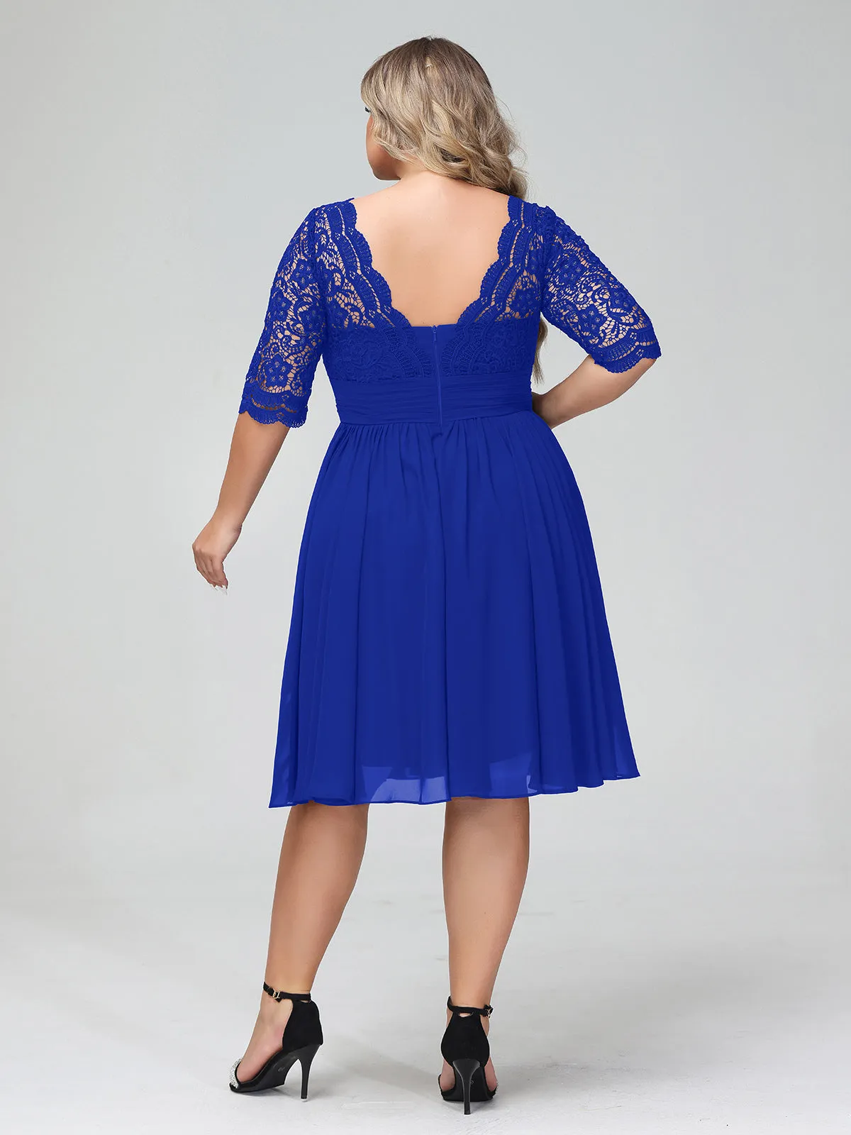 Lace and Chiffon Short Dress with Half Sleeves Royal Blue