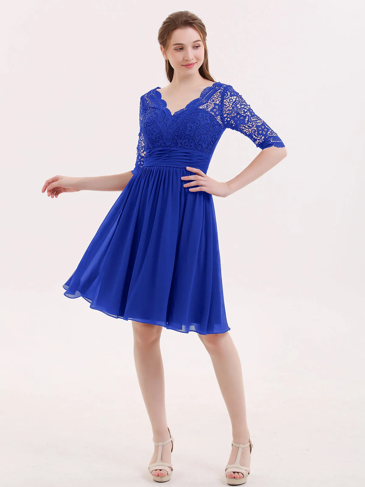 Lace and Chiffon Short Dress with Half Sleeves Royal Blue