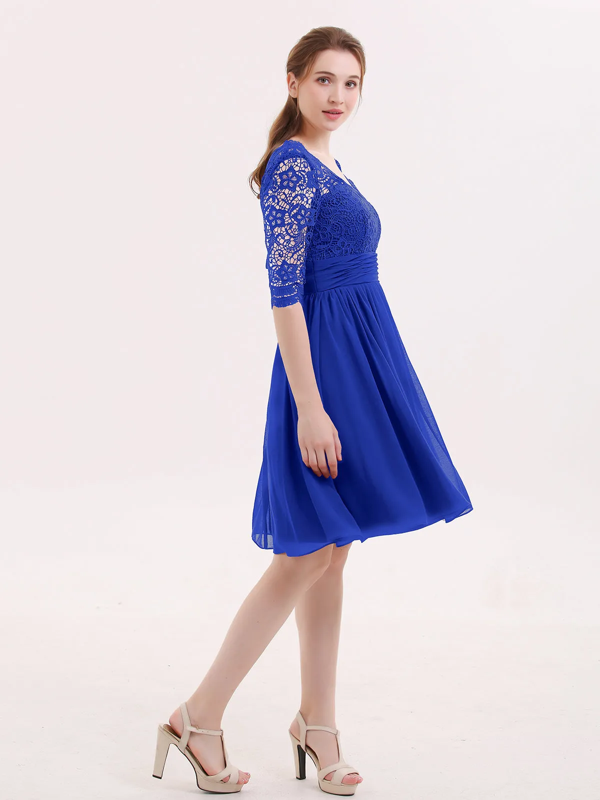 Lace and Chiffon Short Dress with Half Sleeves Royal Blue