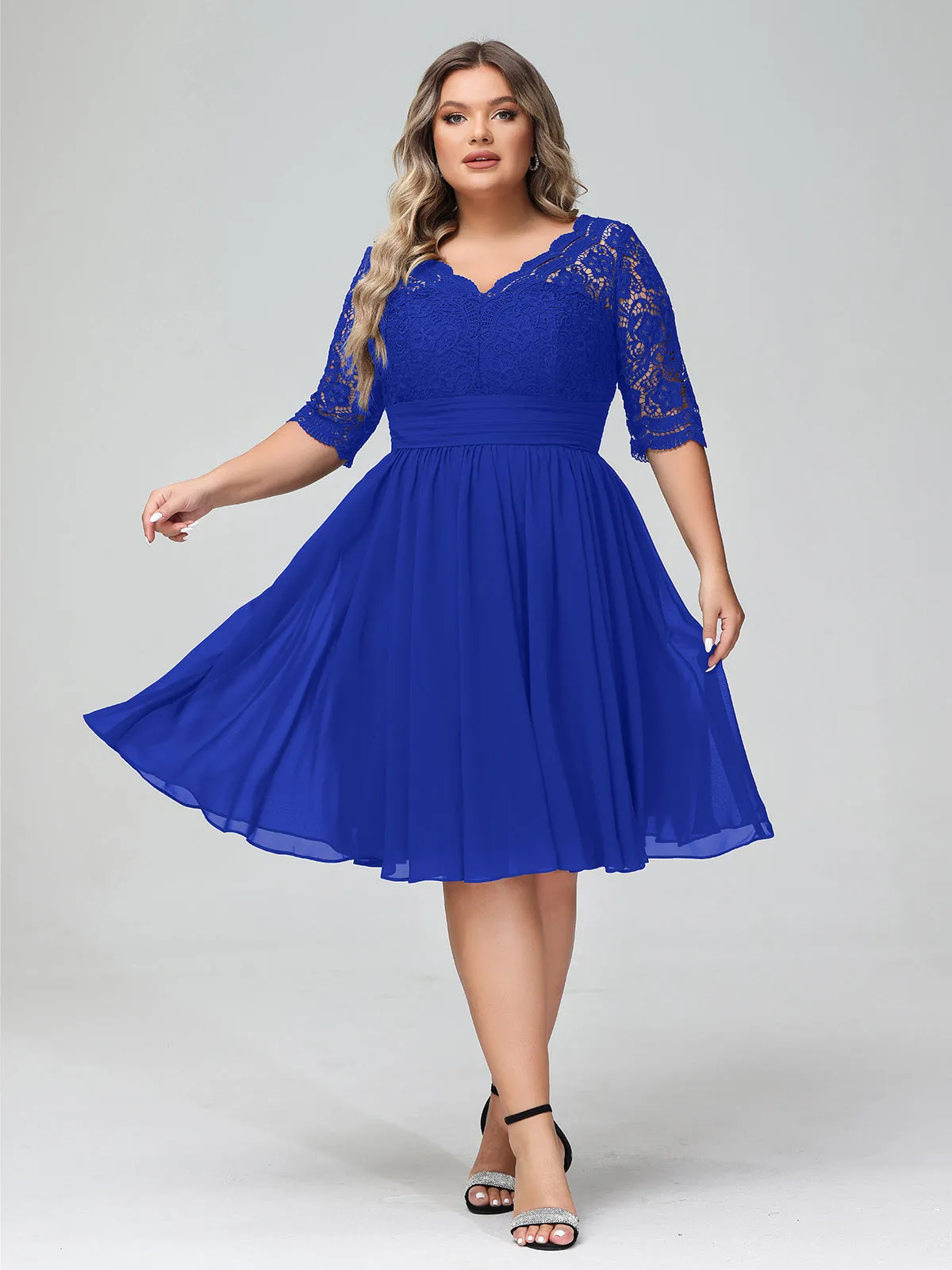 Lace and Chiffon Short Dress with Half Sleeves Royal Blue