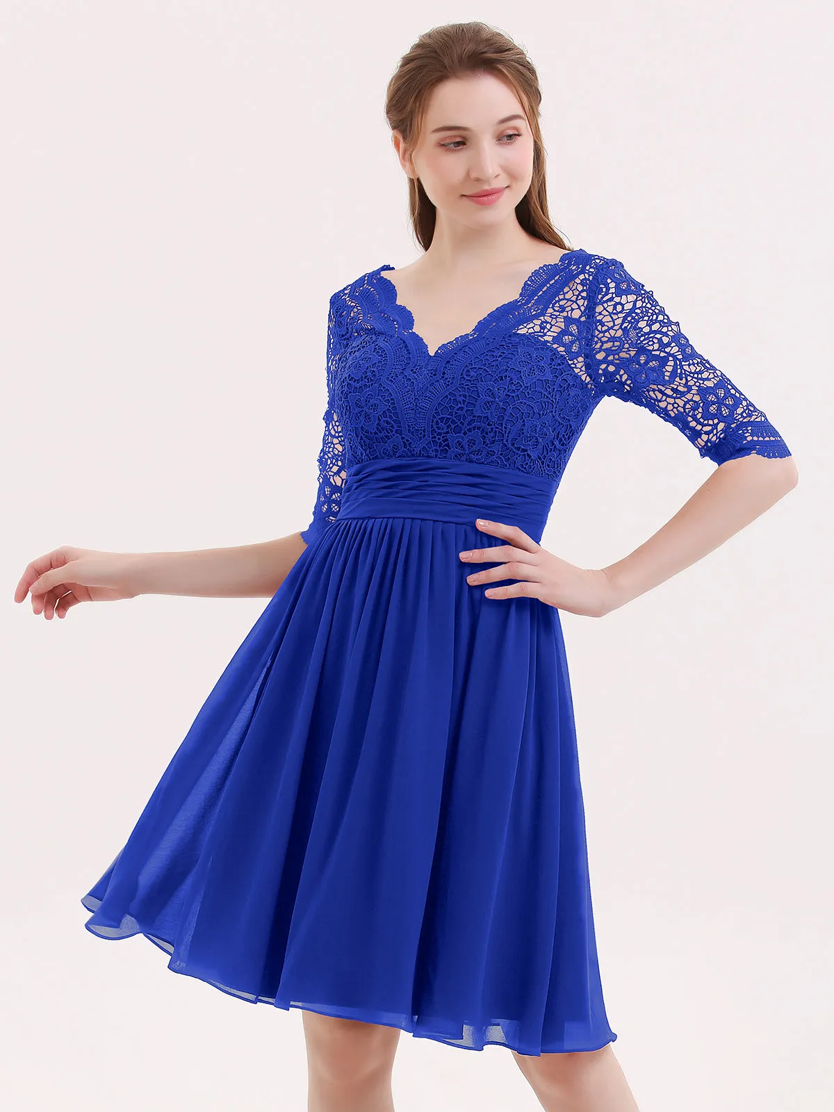 Lace and Chiffon Short Dress with Half Sleeves Royal Blue