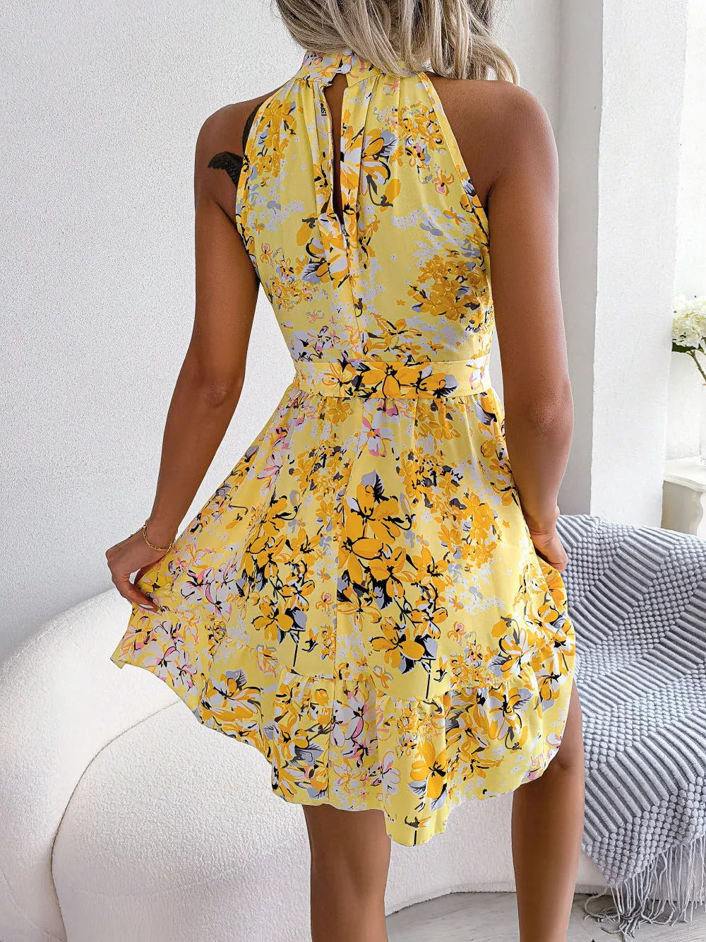 Long Dress Sleeveless with Belt Halter Neck Floral Ruffle