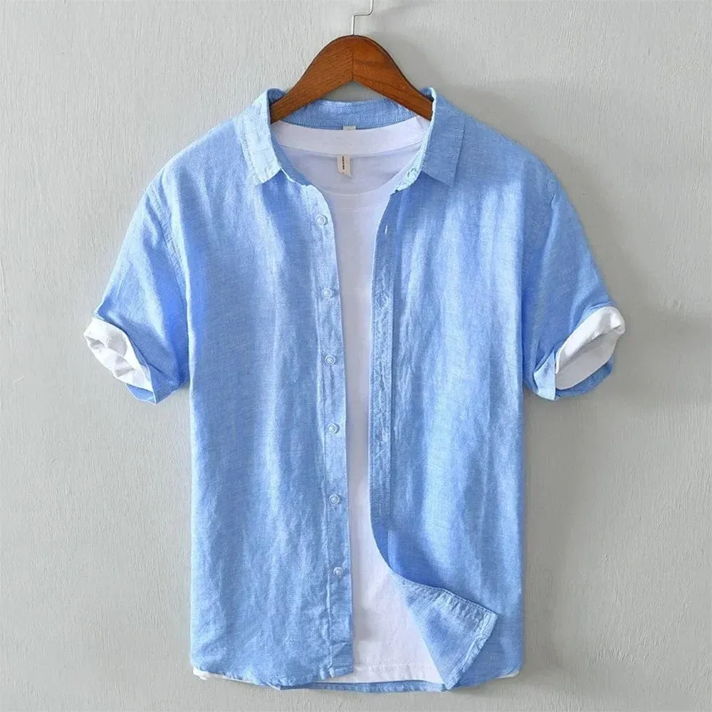 Men's Summer Streetwear Linen Shirt - Casual Short Sleeve Solid Color Breathable Slim Fit Top