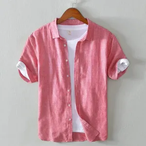 Men's Summer Streetwear Linen Shirt - Casual Short Sleeve Solid Color Breathable Slim Fit Top