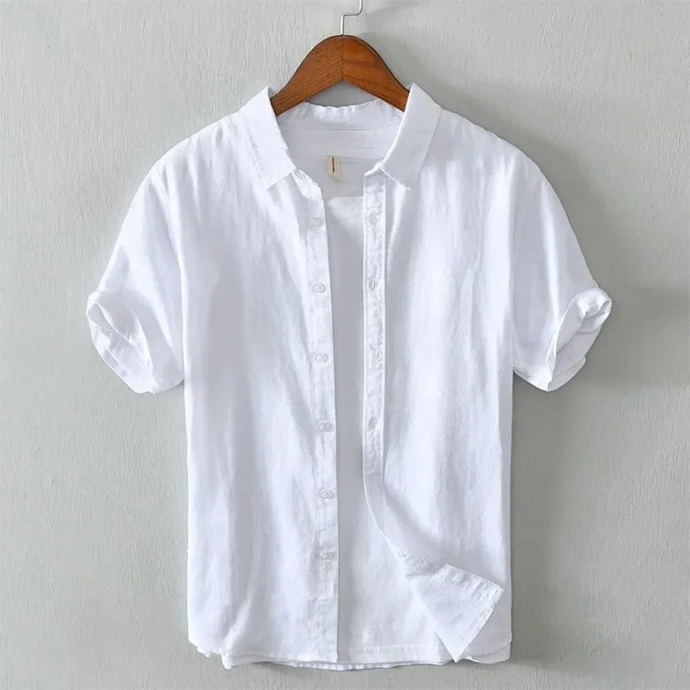 Men's Summer Streetwear Linen Shirt - Casual Short Sleeve Solid Color Breathable Slim Fit Top