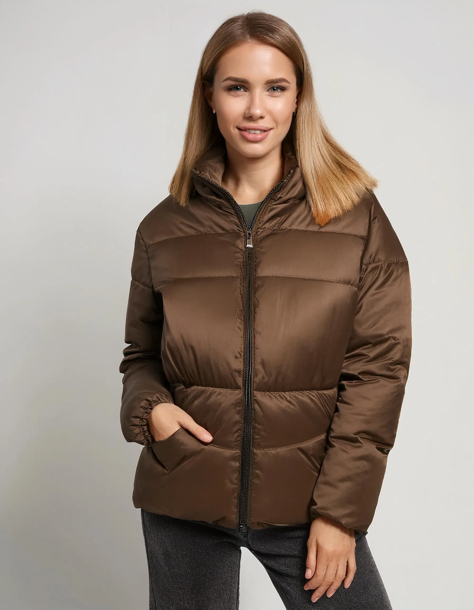 Mocha Brown Zip-Up Puffer Jacket