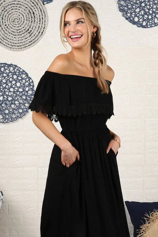 Off the Shoulder Flowy Maxi Dress with Pockets