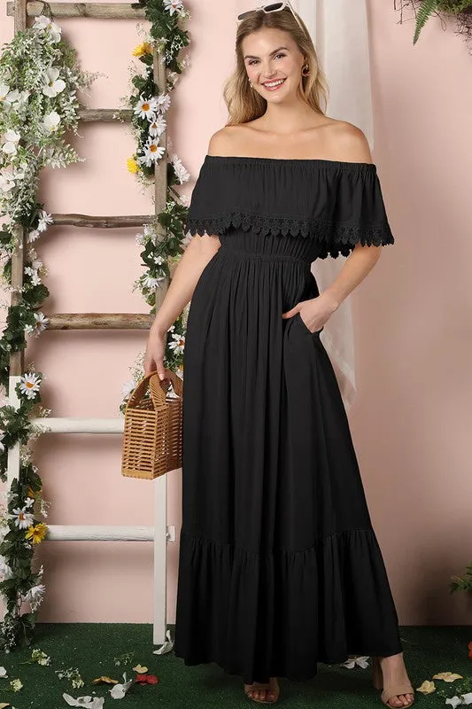 Off the Shoulder Flowy Maxi Dress with Pockets