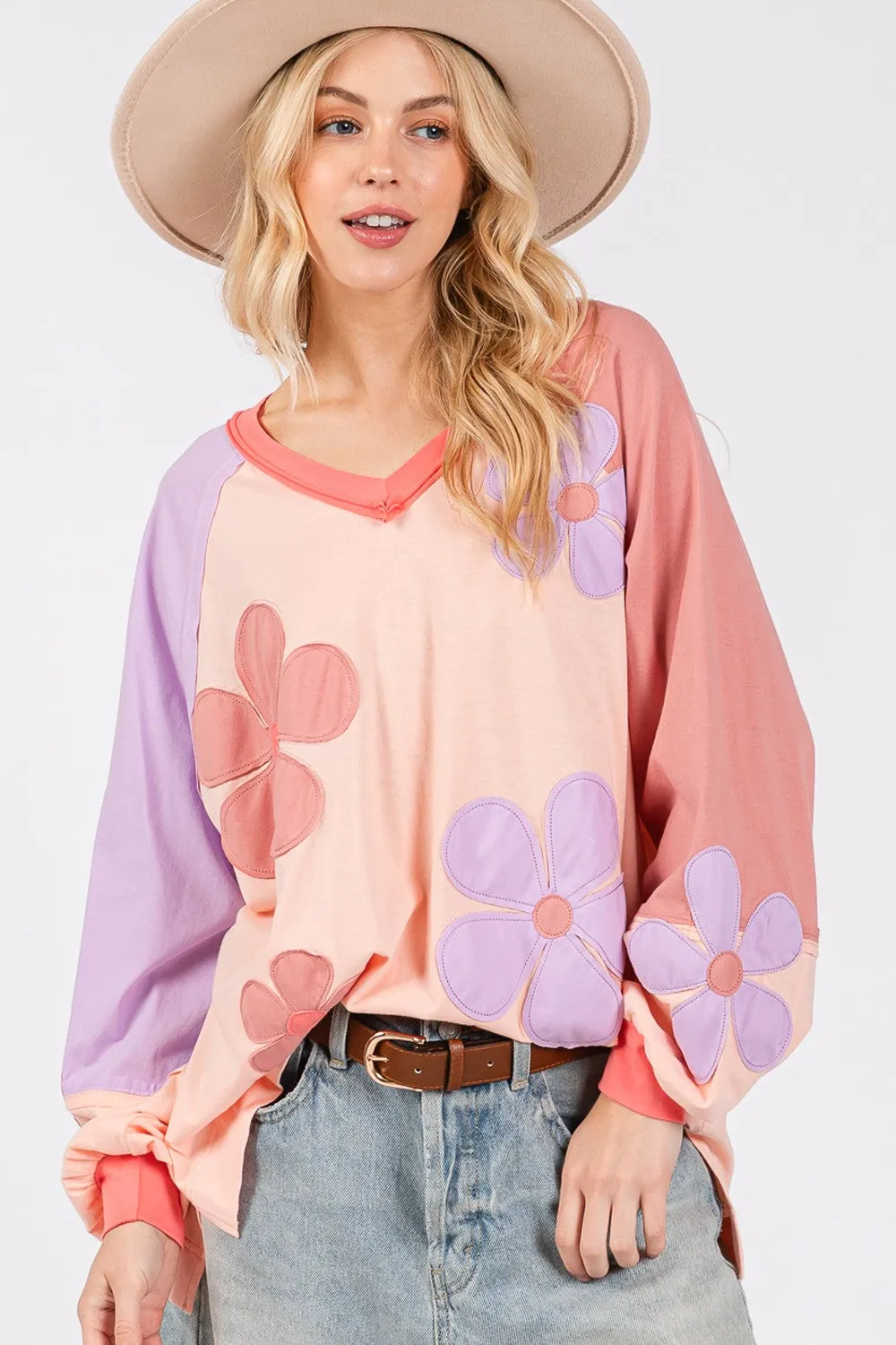 SAGE   FIG Full Size Daisy Applique Patch Color Block Long Sleeve Top