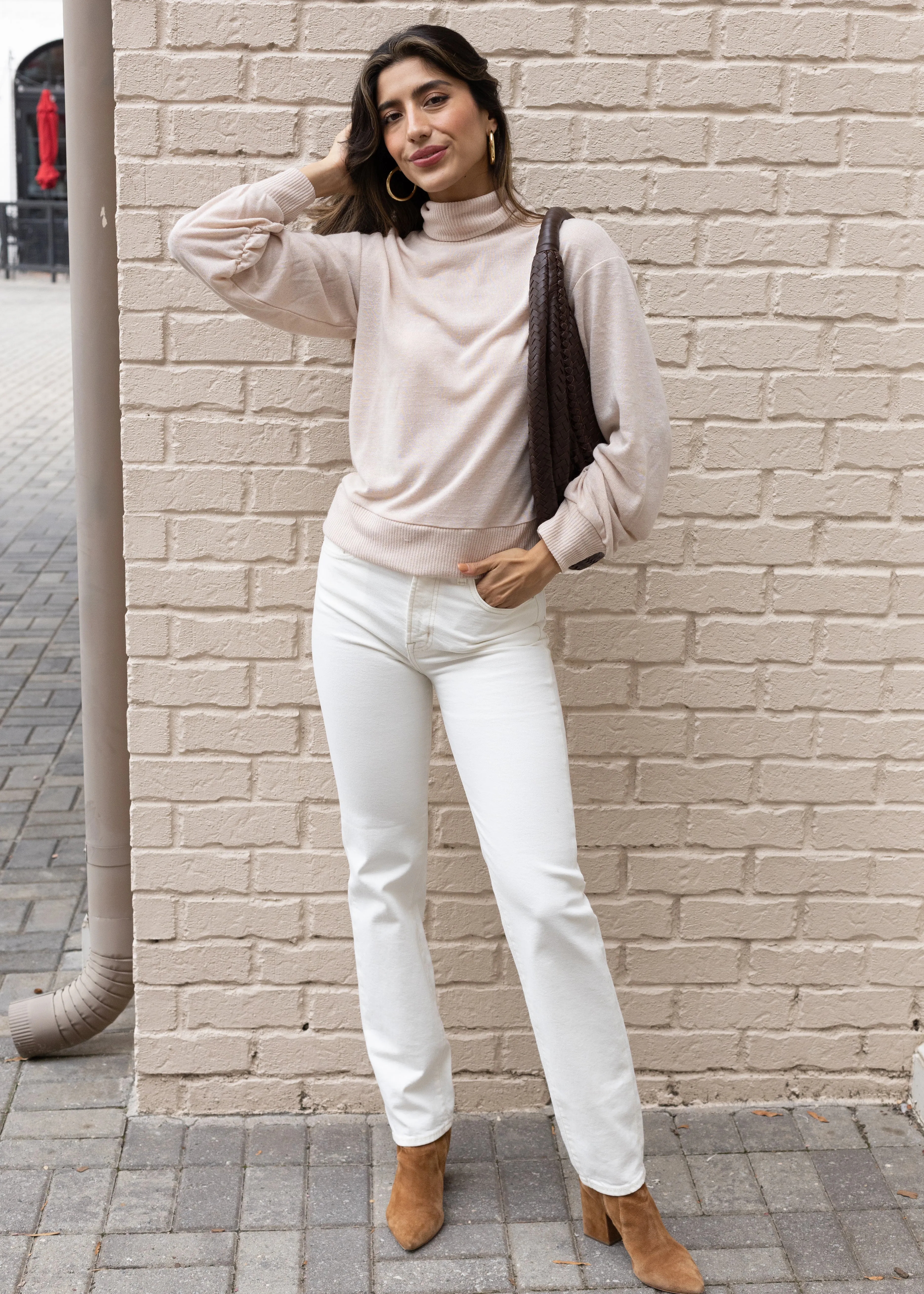 Sanctuary Ruched Sleeve Turtleneck Top - Toasted Marshmallow *** FINAL SALE ***