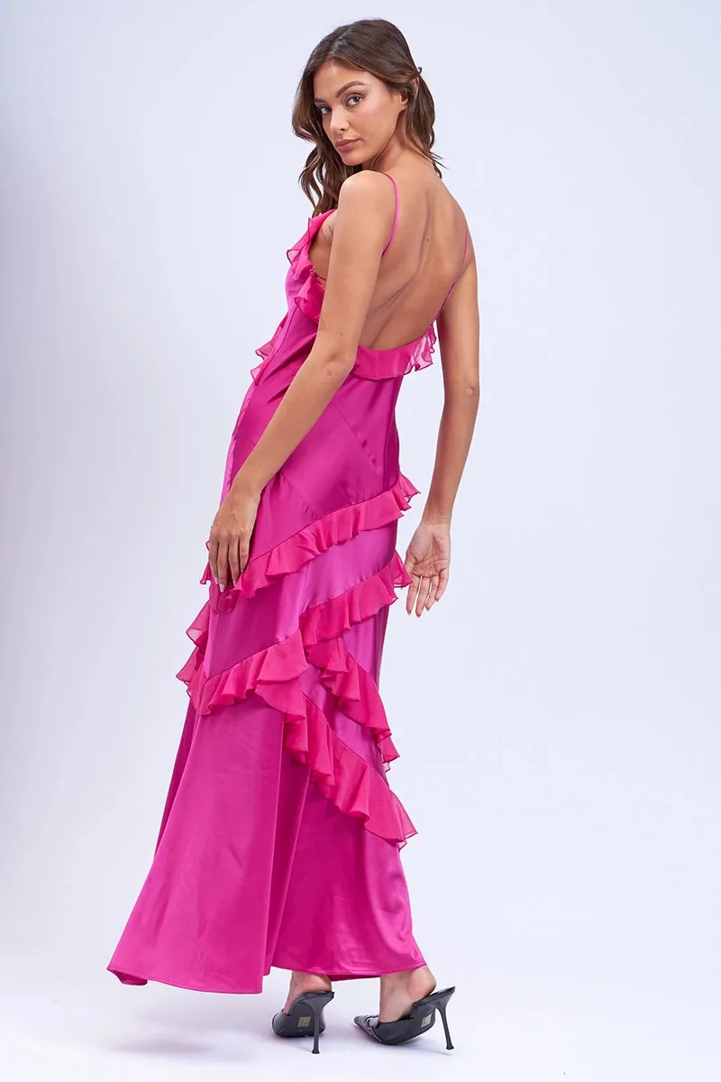 Satin Ruffle Trim Maxi Dress