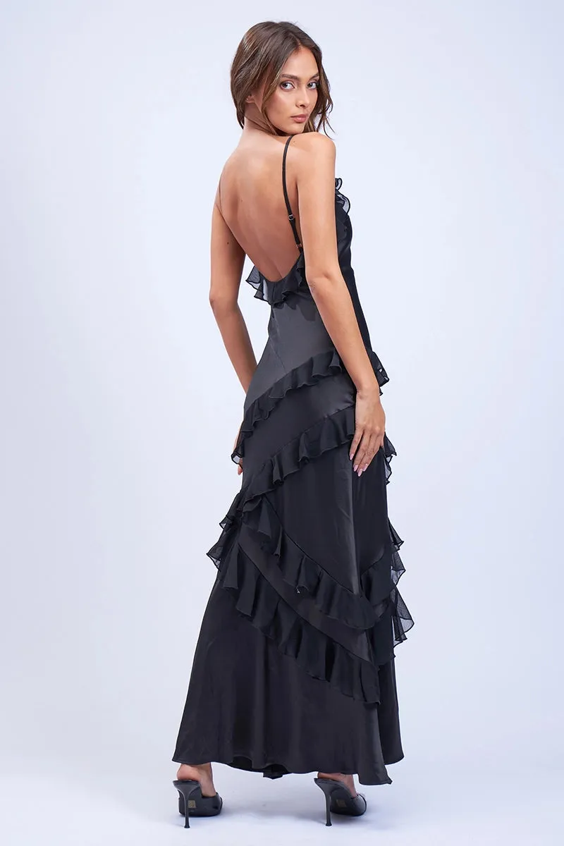 Satin Ruffle Trim Maxi Dress