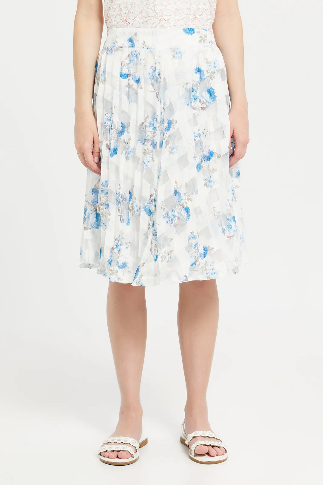 Senior Girls Flared Blue And White Floral Organza Skirts