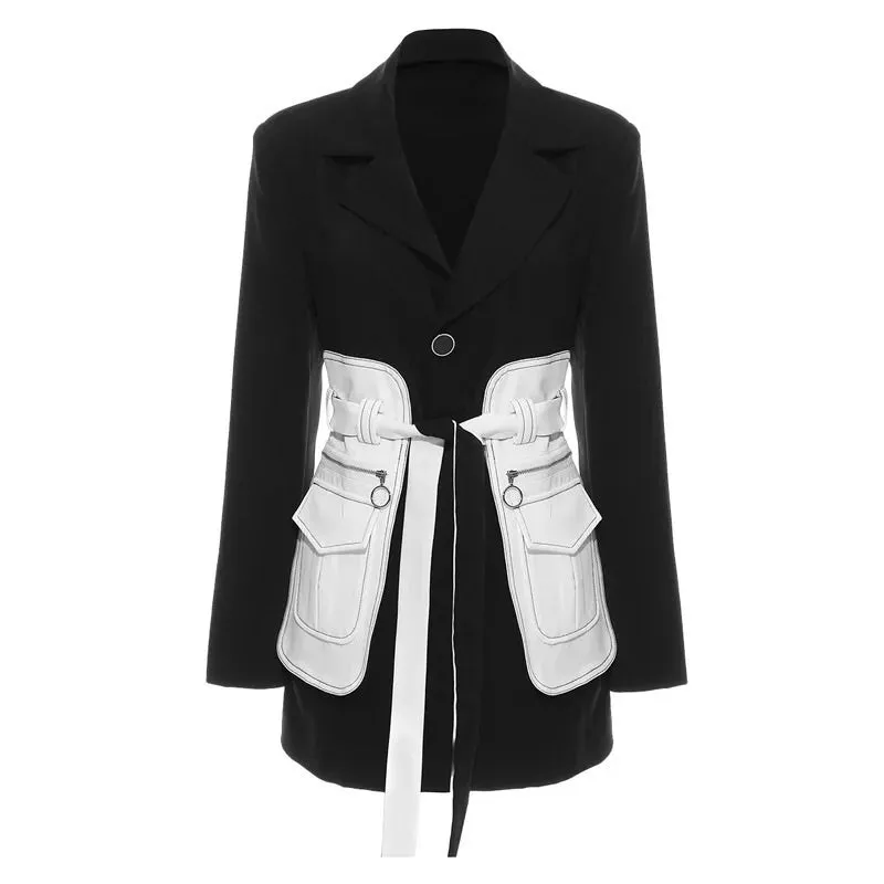 SHANA BLACK & WHITE BELTED BLAZER WITH LARGE POCKETS