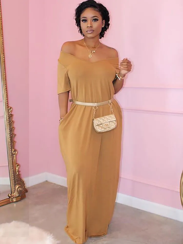 Short Sleeve Off Shoulder Solid Maxi Dresses