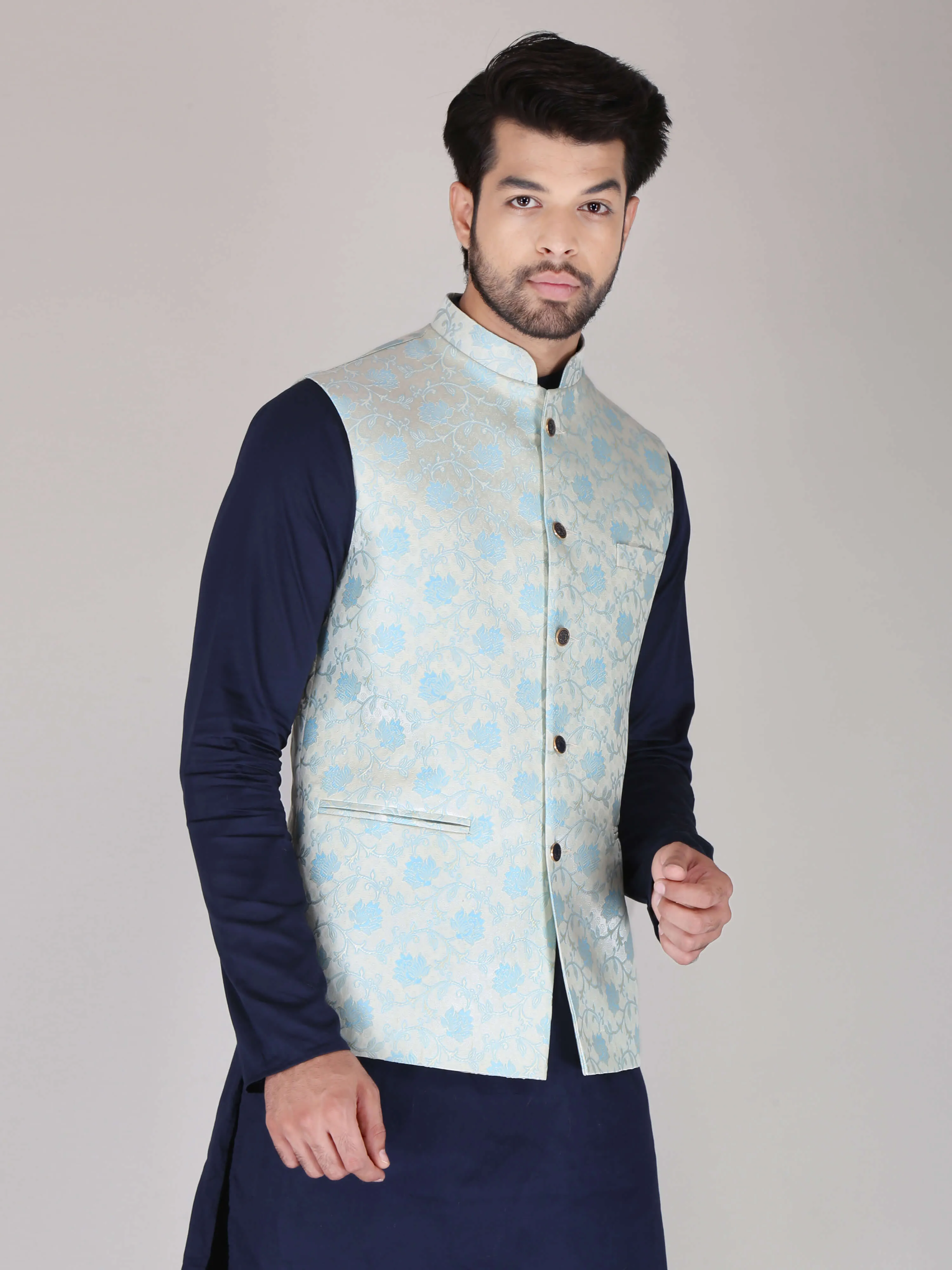 Sky Flower Jacquard Nehru Jackets