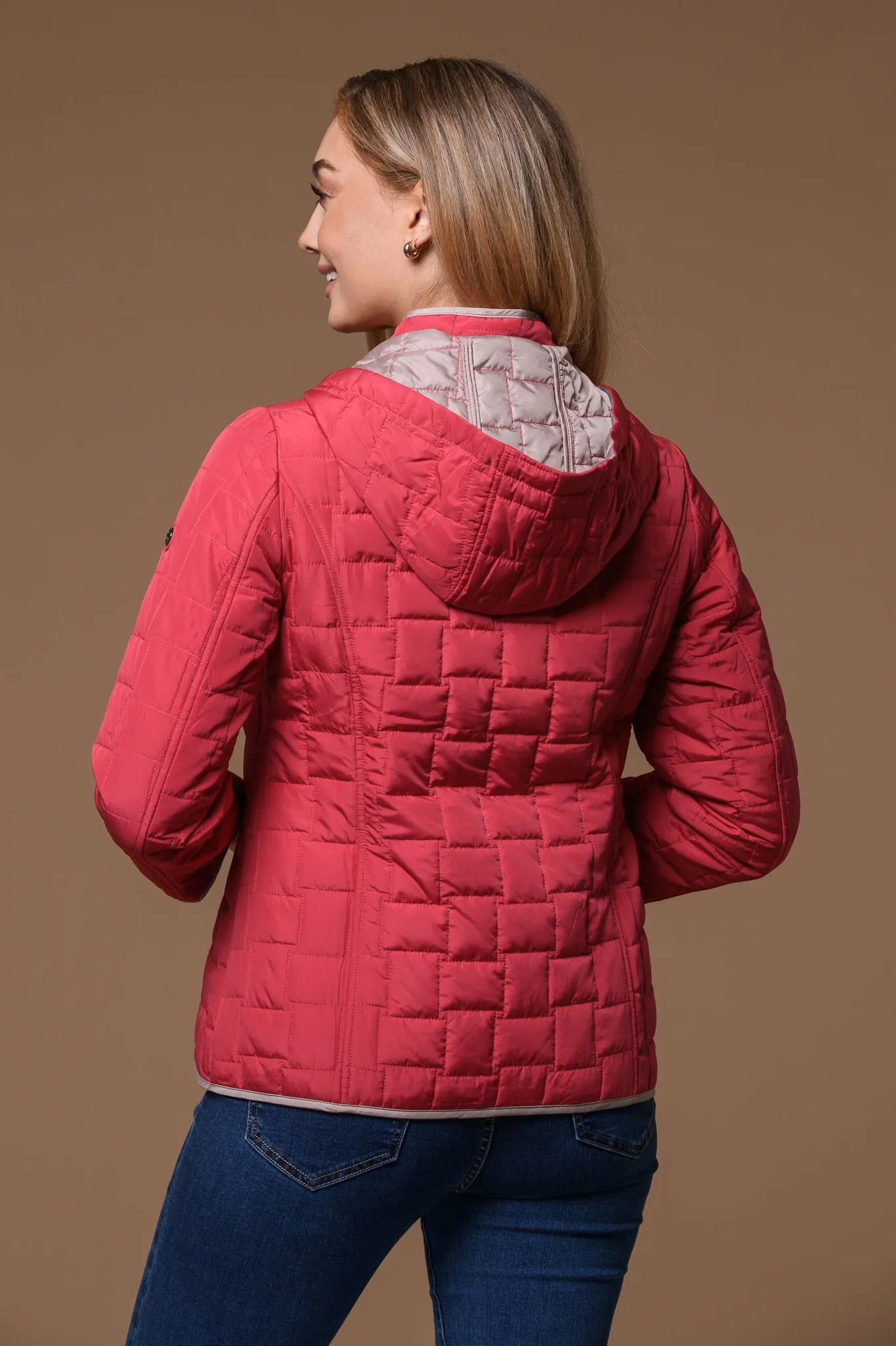 Square Quilt Hooded Jacket-Red