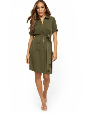 Tall Olive Four-Pocket Shirtdress with Zip