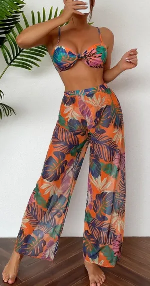 Tropical print bikini swimsuit with cover up pants Orange