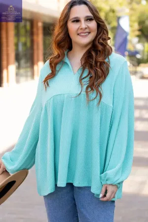 Turquoise Balloon Sleeve Babydoll Top