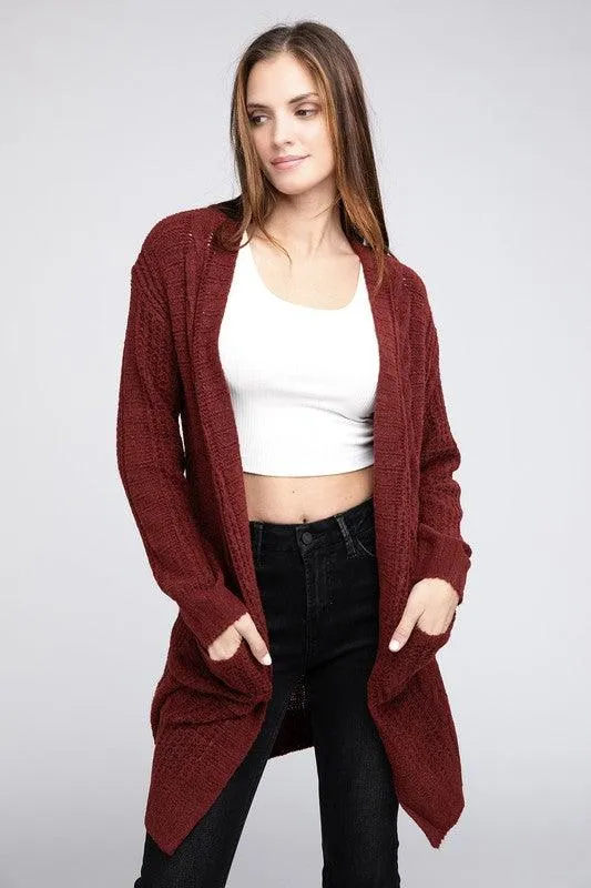 Twist Knitted Open Front Cardigan With Pockets