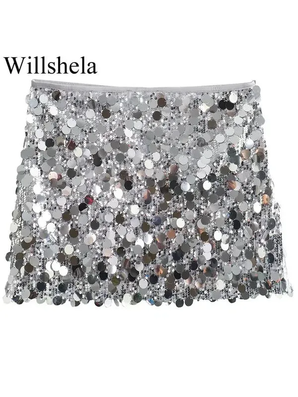 Willshela Women Fashion With Sequined Solid Side Zipper Mini Skirt Vintage High Waist Female Chic Lady Skirts