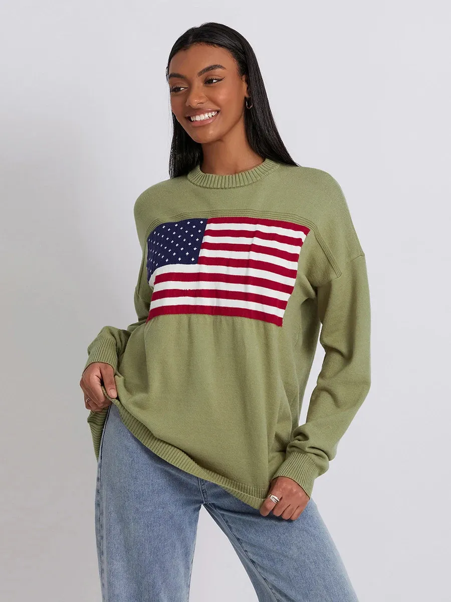 Women s Flag Pattern Long Sleeve Round Neck Sweater Casual Loose Pullover Sweater