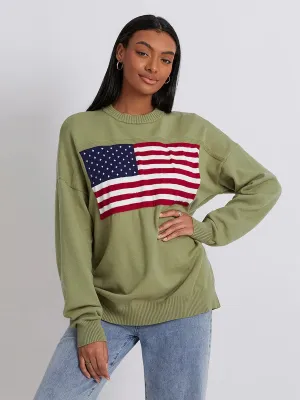 Women s Flag Pattern Long Sleeve Round Neck Sweater Casual Loose Pullover Sweater