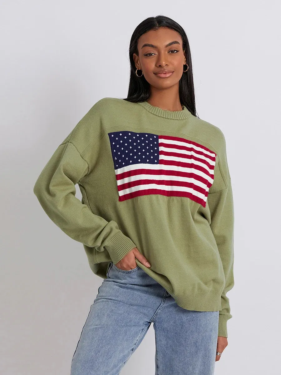 Women s Flag Pattern Long Sleeve Round Neck Sweater Casual Loose Pullover Sweater