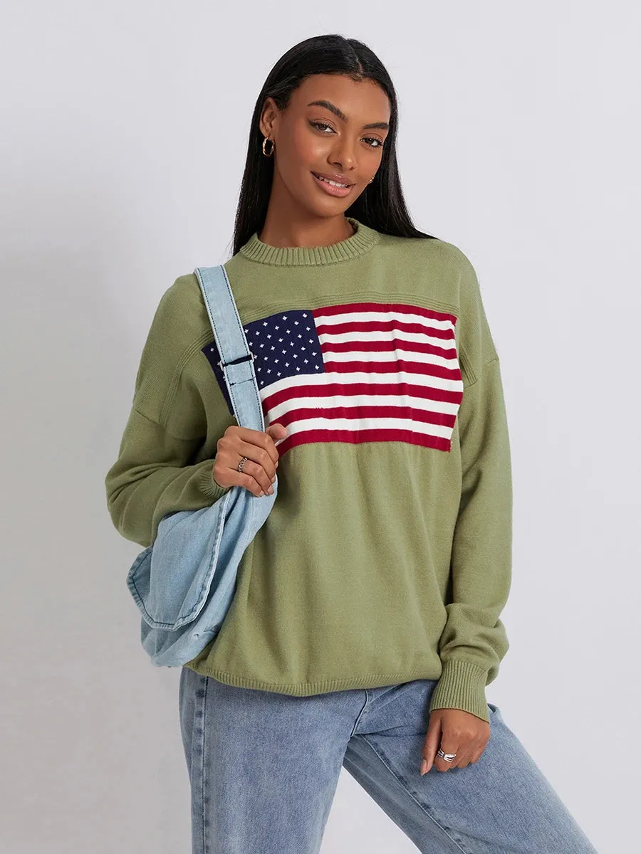 Women s Flag Pattern Long Sleeve Round Neck Sweater Casual Loose Pullover Sweater