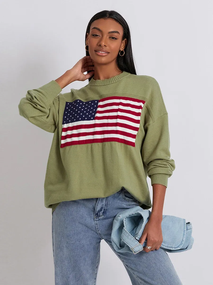 Women s Flag Pattern Long Sleeve Round Neck Sweater Casual Loose Pullover Sweater