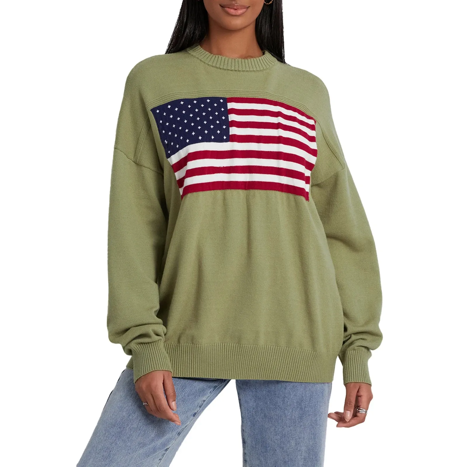 Women s Flag Pattern Long Sleeve Round Neck Sweater Casual Loose Pullover Sweater