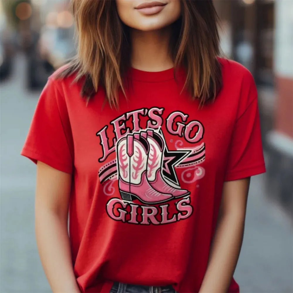 Women Western Cowboy Style Let's Go Cowgirls Print Graphic T-shirt