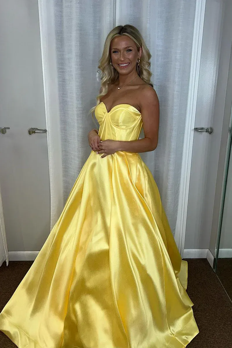 Yellow Sweetheart Satin Long A-Line Prom Dresses