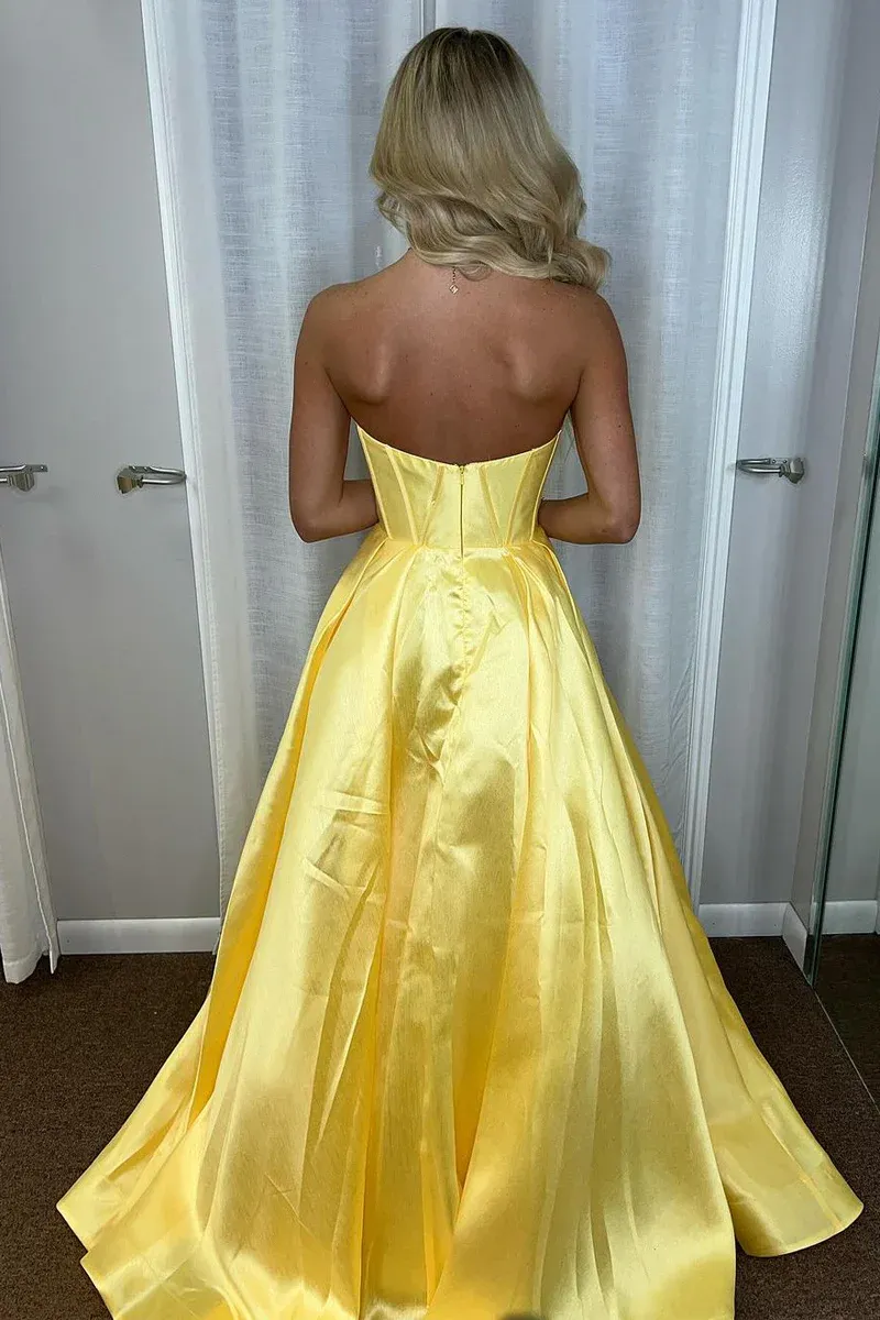 Yellow Sweetheart Satin Long A-Line Prom Dresses